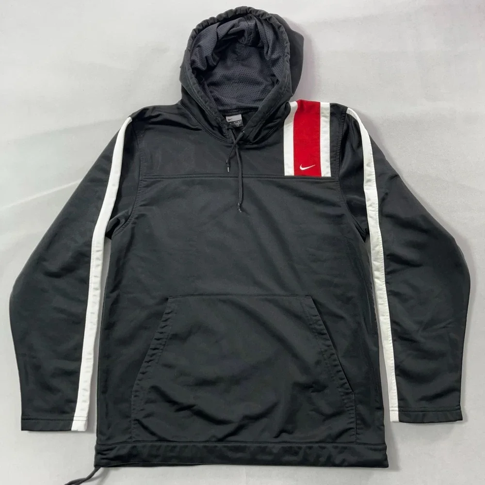 Y2K Nike Hoodie Men Medium Black Pullover Polyester Knit Kangaroo Pocket Vintage